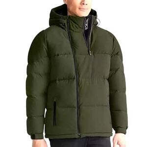 TUMI Asymmetrical Zipper Down Filled Olive Puffer Hooded Jacket Men's Large